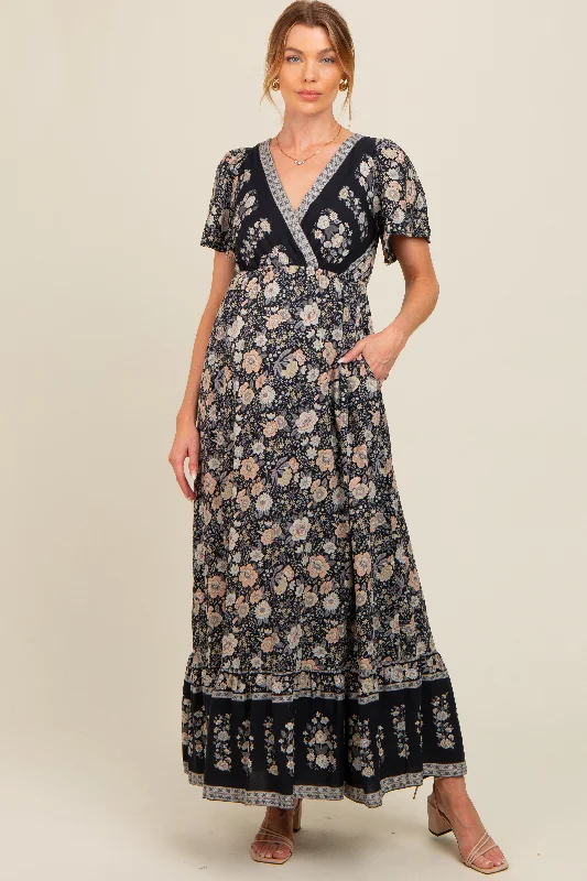 Women's floral dress boom flair -Black Floral Border Printed Woven Short Sleeve V-Neck Maternity Maxi Dress