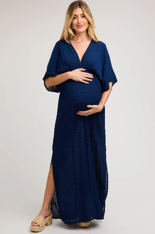 Women's floral dress gleam bloom -Navy Lightweight Deep V-Neck Maternity Maxi Dress