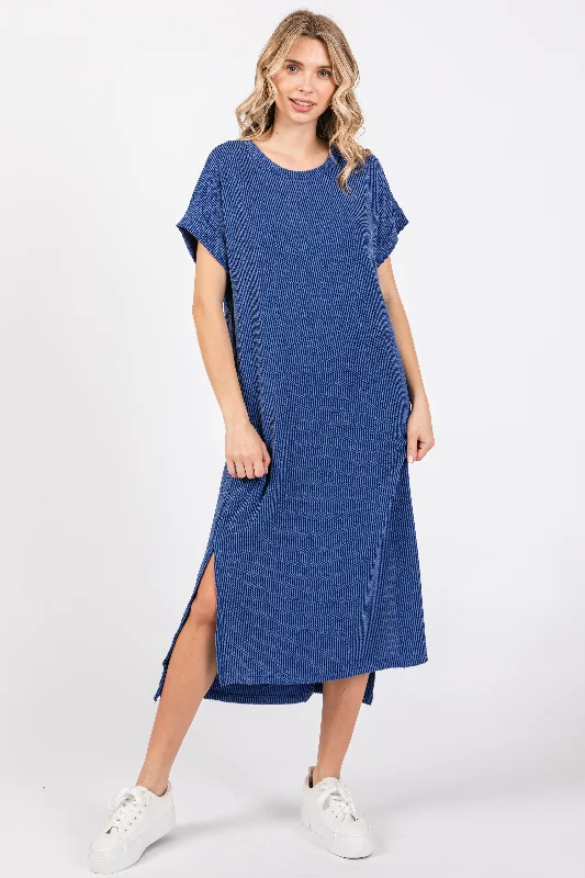 Women's midi dress breezy glow -Blue Ribbed Short Sleeve Midi Dress