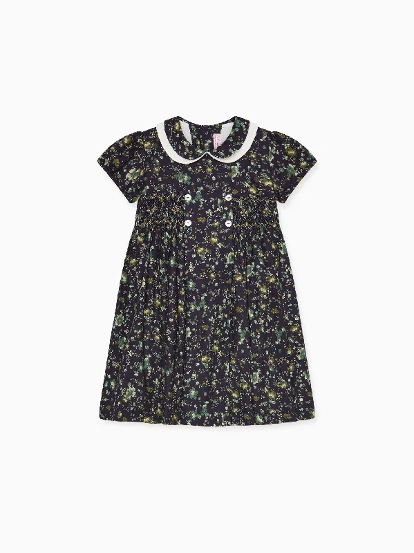 ladies-floral-dress-field-fawn-Navy Floral Arcadia Girl Hand-Smocked Dress