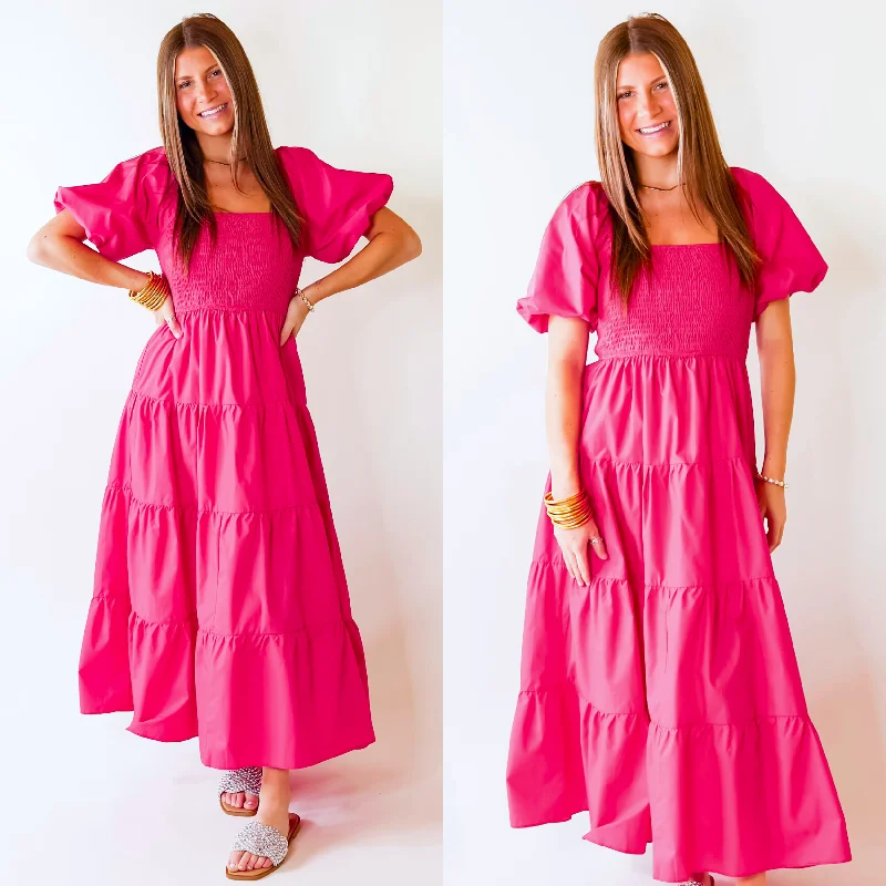 Women's floral dress frost flair -Santorini Sunshine Short Balloon Sleeve Maxi Dress in Fuschia Pink