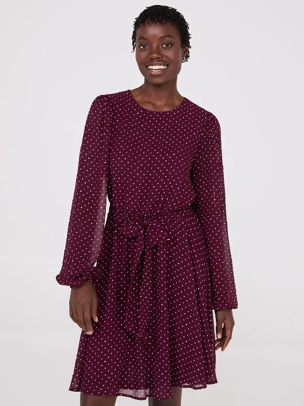 ladies-mini-dress-relaxed-rush-Dot Print Chiffon Fit & Flare Mini Dress