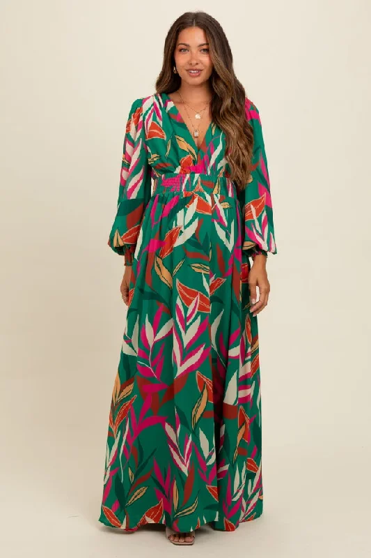 Women's floral dress glam pop -Forest Green Leaf Print Deep V-Neck Maternity Maxi Dress