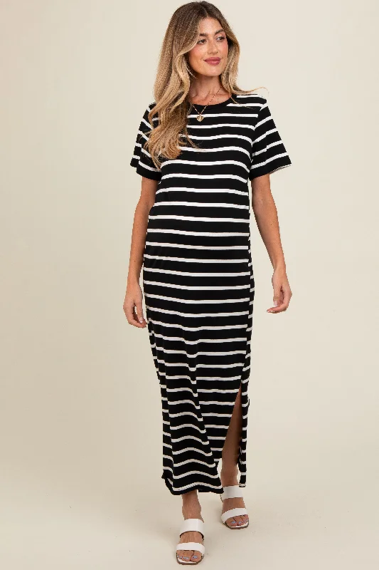 Women's floral dress surf flair -Black Striped Side Slit Maternity Maxi Dress