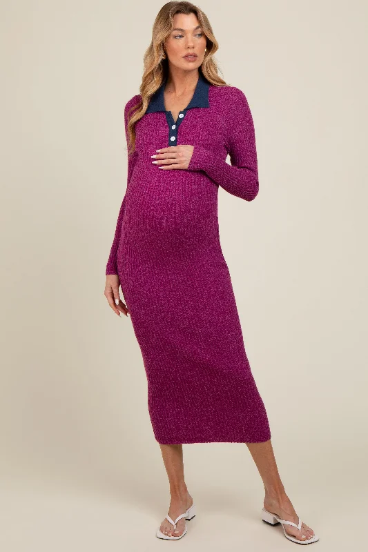 Women's midi dress pure pop -Magenta Collared Button Front Long Sleeve Maternity Midi Sweater Dress