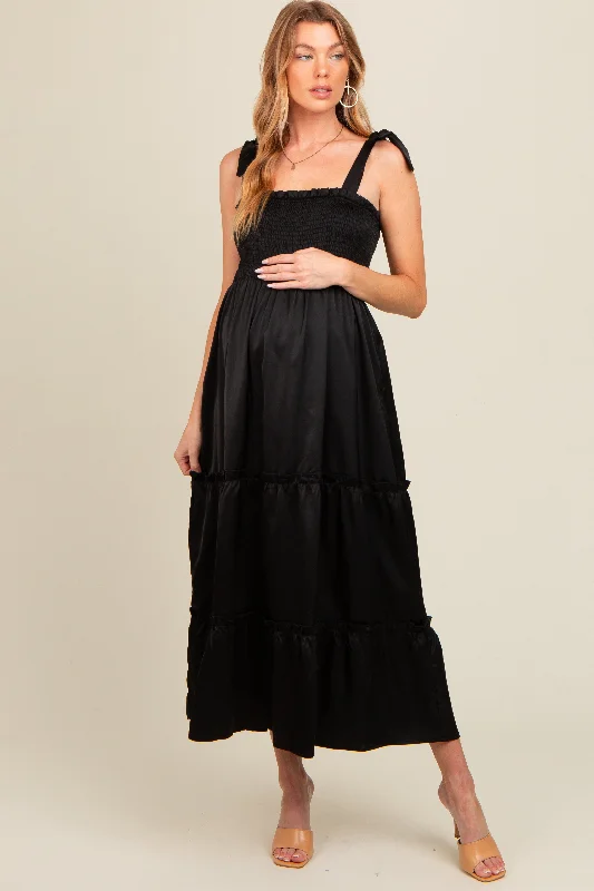 Women's floral dress bow pop -Black Satin Smocked Maternity Maxi Dress