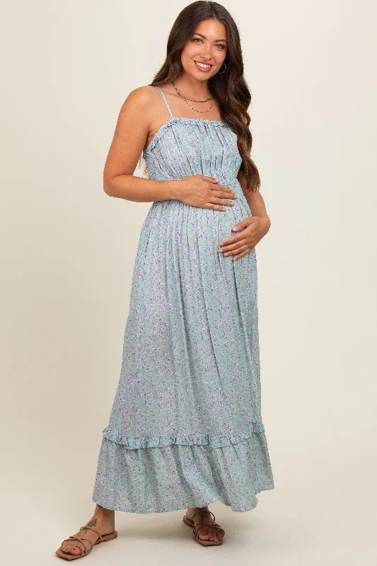 Women's floral dress lush flair -Light Blue Floral Ruffle Square Neck Smocked Waist Maternity Maxi Dress