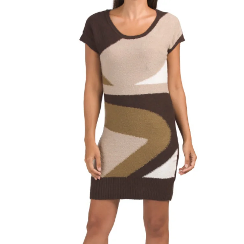 ladies-mini-dress-buttoned-bop-VERTIGO Paris Women's Short Sleeve Abstract Print Knit Mini Dress