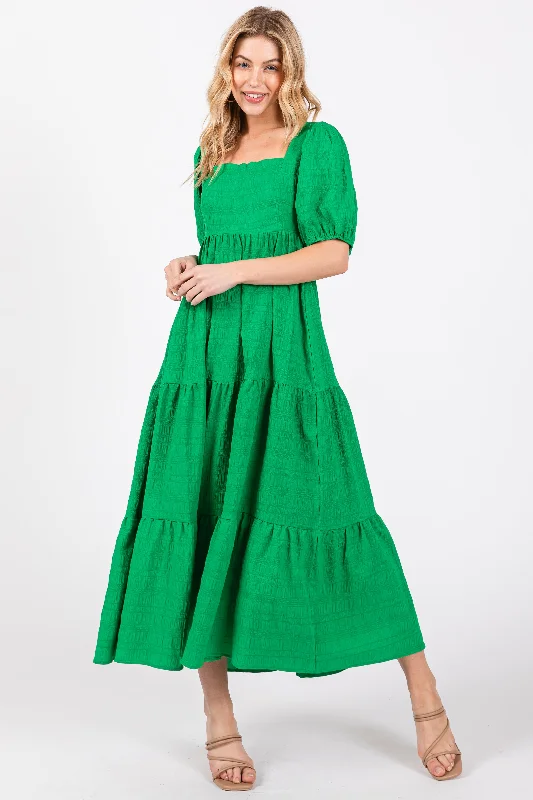 Women's midi dress year flair -Green Textured Tiered Midi Dress