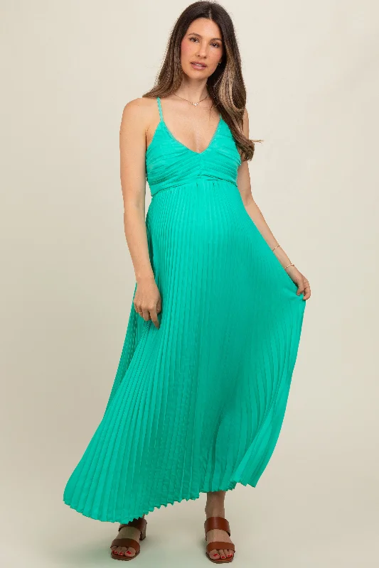 Women's floral dress leaf pop -Turquoise Pleated Back Cutout Tie Maternity Maxi Dress