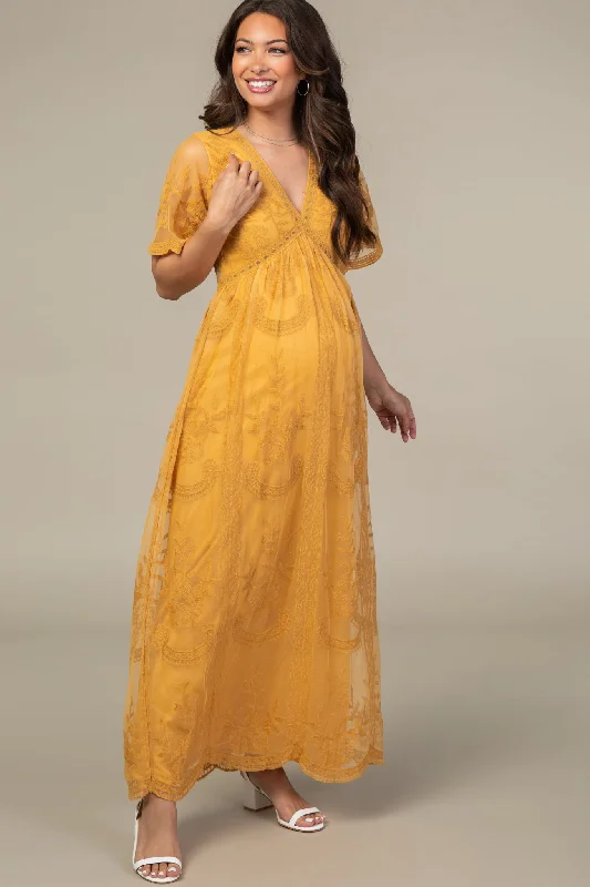 Women's floral dress dash glow -PinkBlush Mustard Lace Mesh Overlay Maternity Maxi Dress