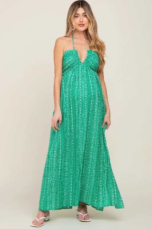 Women's floral dress gash bloom -Green Halter Printed Side Slit Maternity Maxi Dress