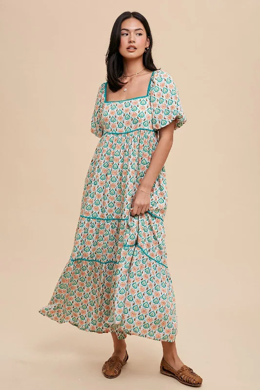 Women's floral dress bell bloom -Green Floral Print Puff Sleeve Maxi Dress