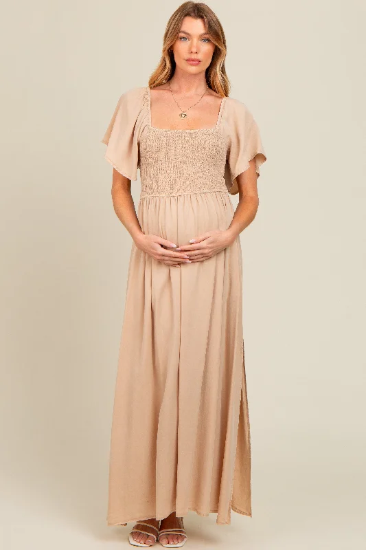 Women's floral dress pure glow -Beige Chambray Smocked Maternity Maxi Dress