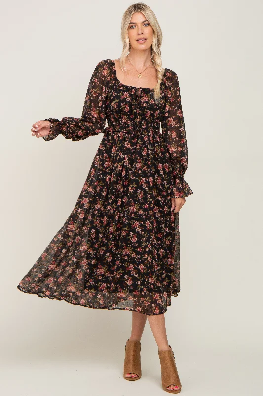 Women's midi dress bud chic -Black Floral Chiffon Smocked Waist Midi Dress