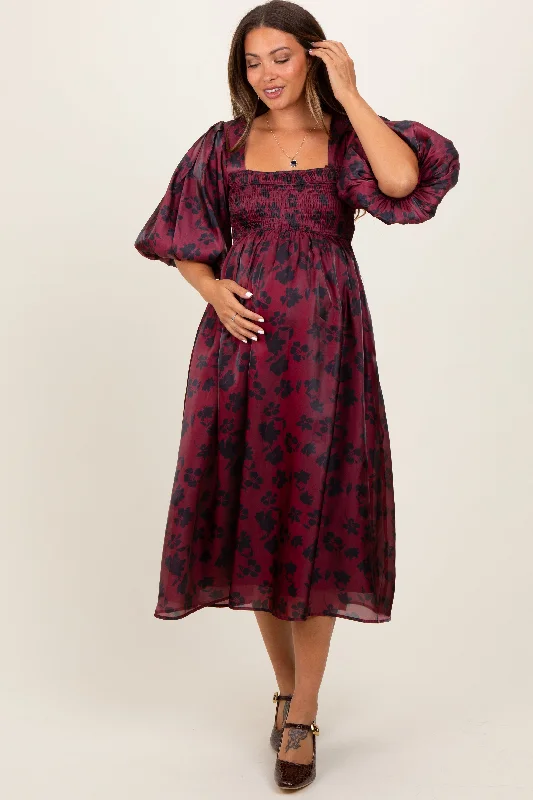 Women's midi dress light flair -Burgundy Satin Floral Smocked Maternity Midi Dress