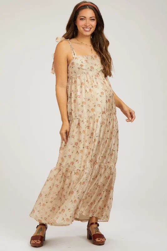 Women's floral dress crew flair -Cream Floral Shoulder Tie Tiered Maternity Maxi Dress