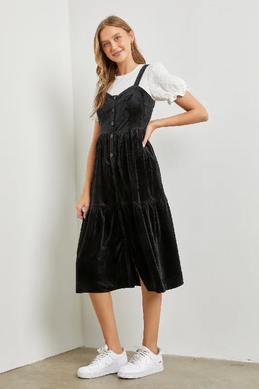 Women's midi dress deep flair -Black Velvet Ruffled Midi Dress