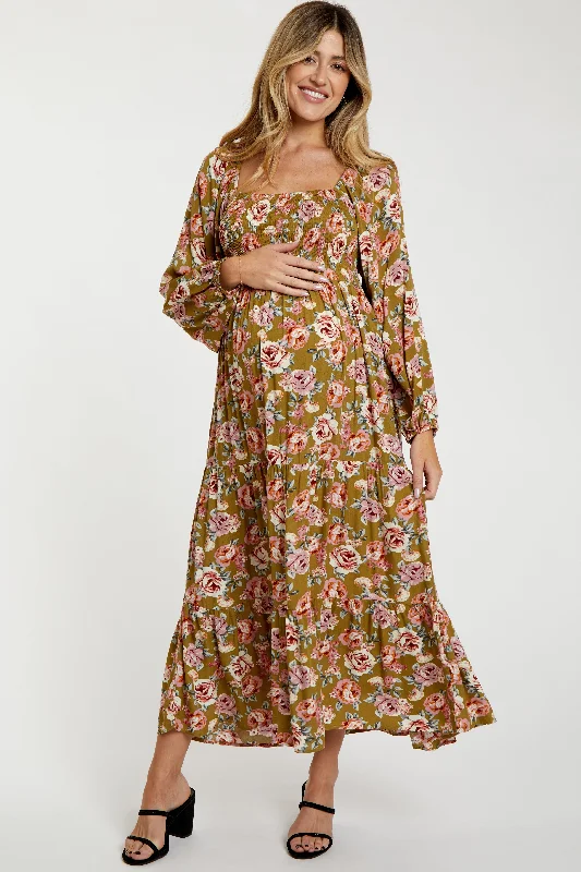 Women's floral dress petal chic -Olive Floral Long Sleeve Maternity Maxi Dress