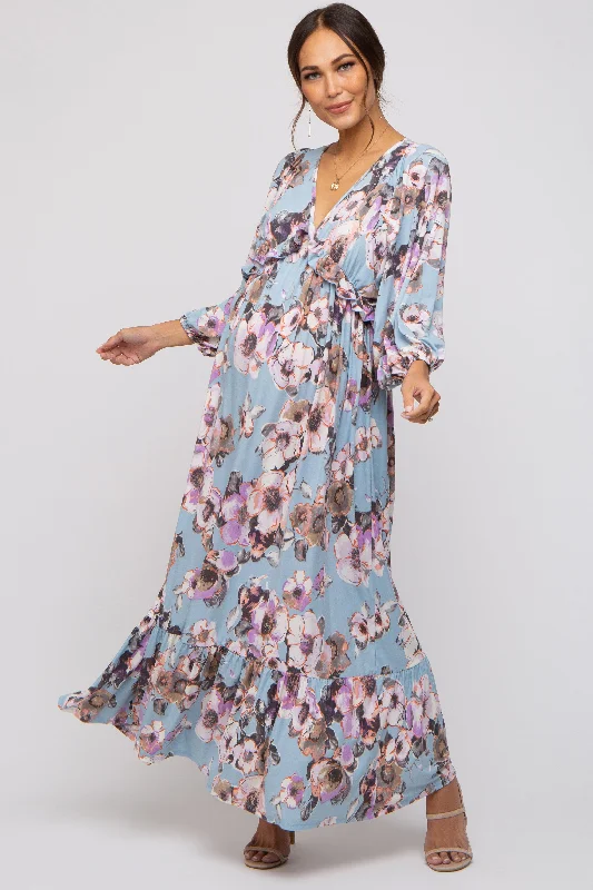 Women's floral dress frill chic -Light Blue Ruffle Accent Maternity Maxi Dress