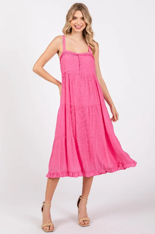 Women's midi dress spin chic -Fuchsia Sleeveless Button Tiered Midi Dress