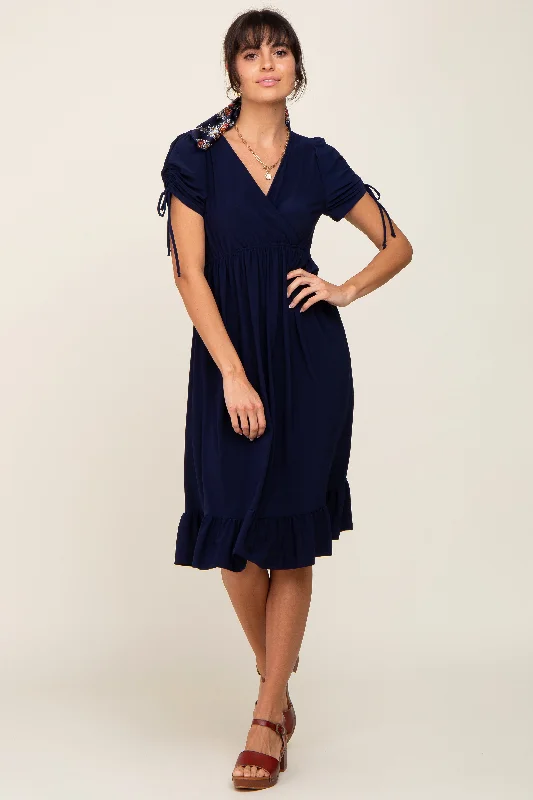 Women's midi dress rich pop -Navy Cinched Sleeve Midi Dress