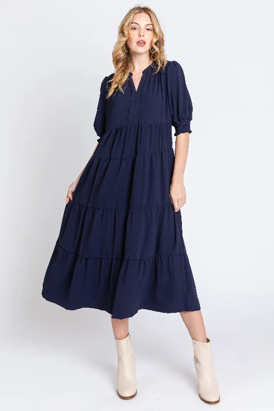 Women's midi dress tide glow -Navy Short Sleeve Tiered Midi Dress