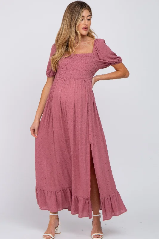 Women's floral dress pro bloom -Mauve Swiss Dot Square Neck Smocked Maternity Maxi Dress