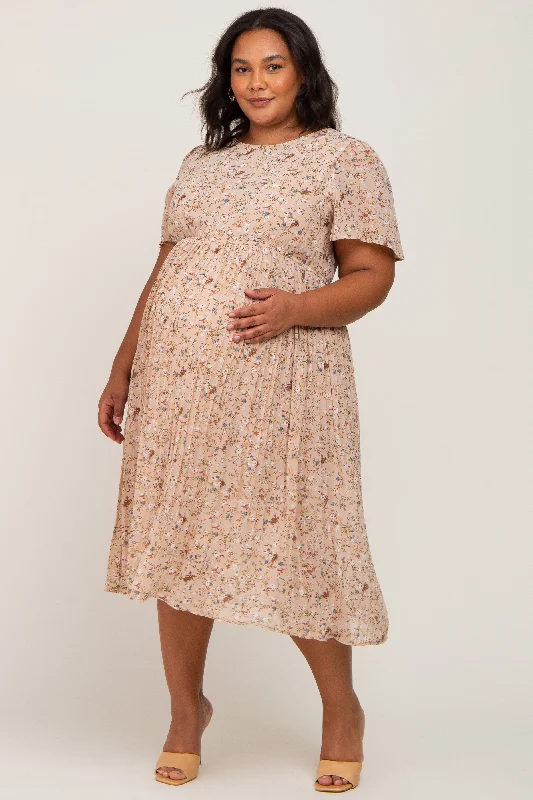 Women's midi dress bare flair -Beige Floral Pleated Chiffon Maternity Plus Midi Dress