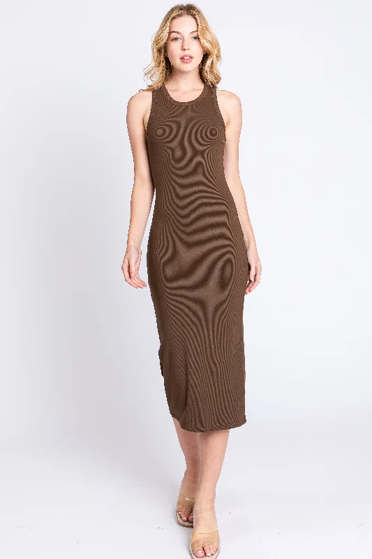 Women's midi dress band pop -Brown Sleeveless Ribbed Fitted Midi Dress