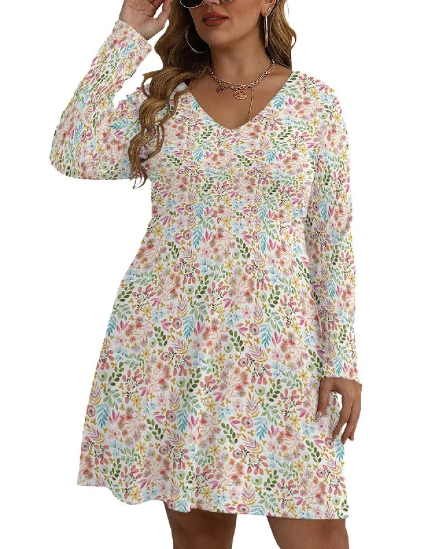 ladies-floral-dress-preppy-petal-Garden Gala Floral V-neck Long Sleeve Dress | Multi