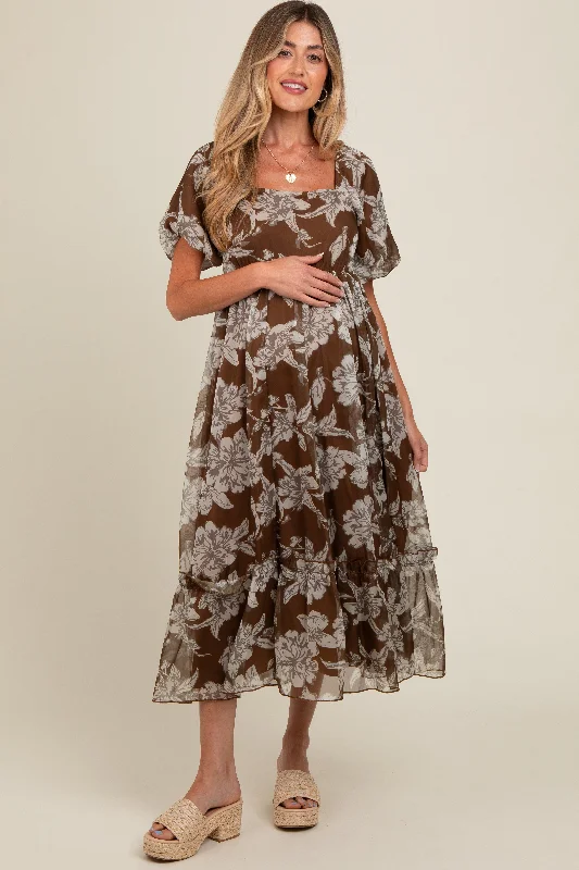 Women's midi dress star pop -Brown Floral Chiffon Ruffle Hem Maternity Midi Dress