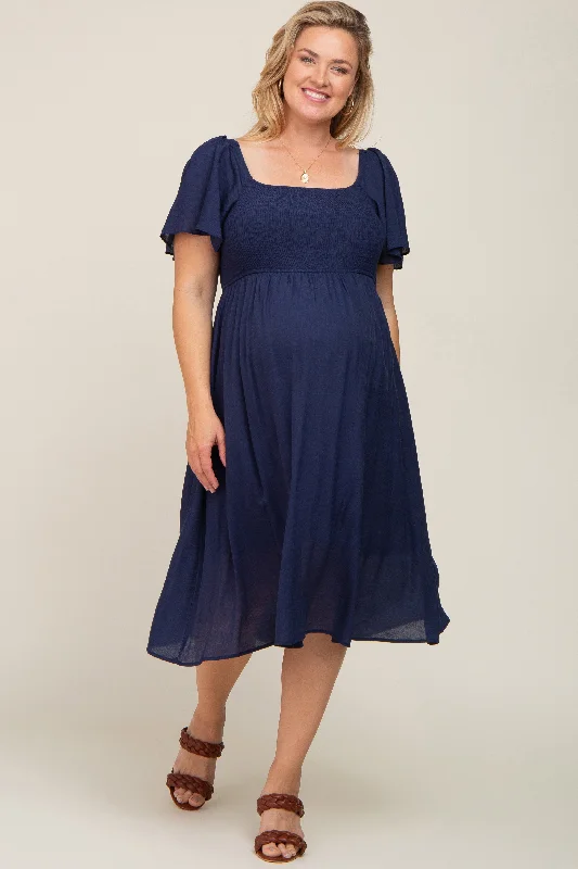 Women's midi dress art glow -Navy Blue Smocked Square Neck Flutter Short Sleeve Maternity Plus Midi Dress