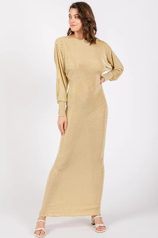 Women's floral dress moss pop -Gold Long Sleeve Open Back Maxi Dress