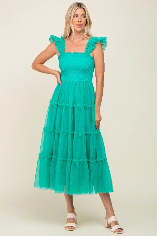 Women's midi dress pleat pop -Jade Smocked Mesh Ruffle Accent Midi Dress