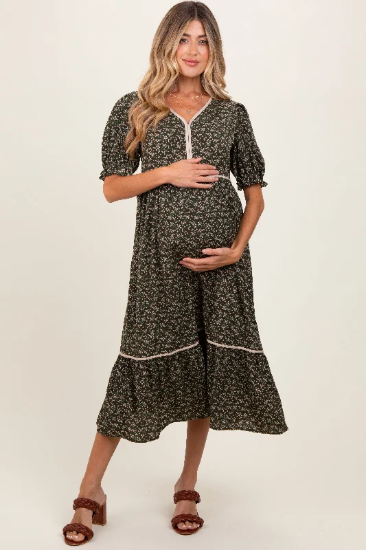 Women's midi dress ice chic -Olive Floral Puff Sleeve Ruffle Hem Maternity Midi Dress