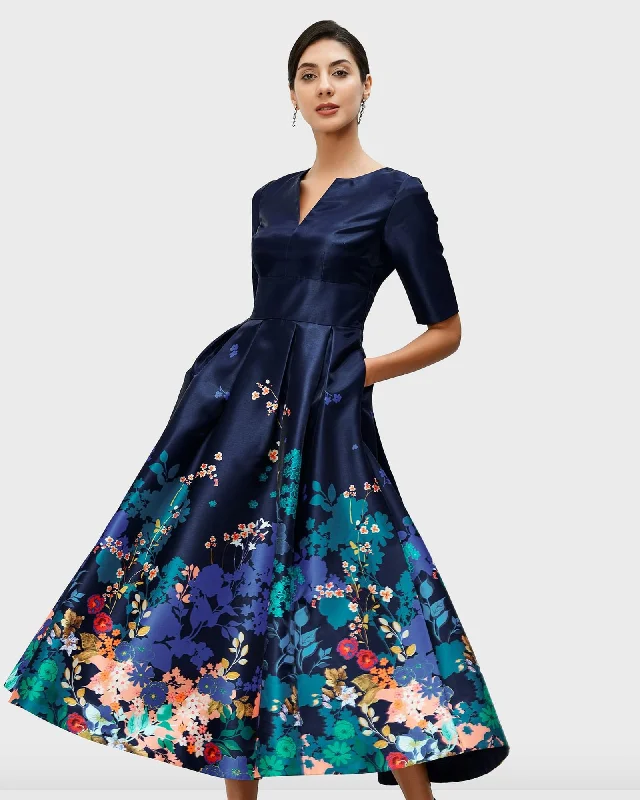 ladies-floral-dress-bright-bloom-Placed Floral Print Dupioni Dress | Navy