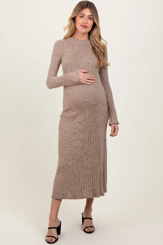 Women's midi dress talk pop -Light Mocha Ribbed Knit Maternity Midi Sweater Dress