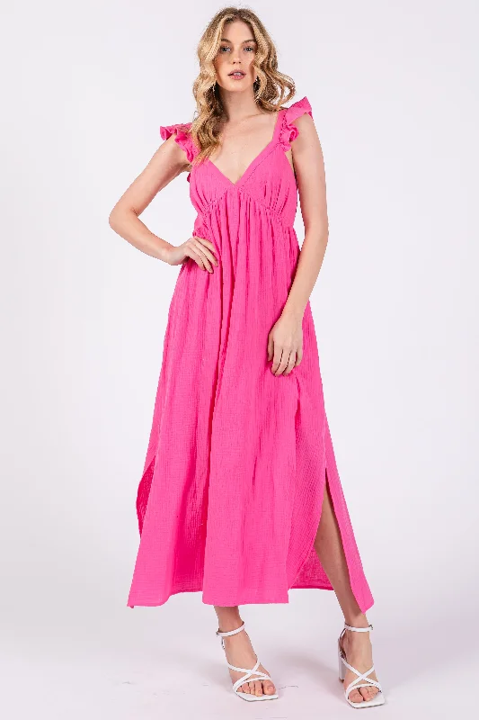 Women's midi dress icy pop -Pink Ruffle Strap Midi Dress