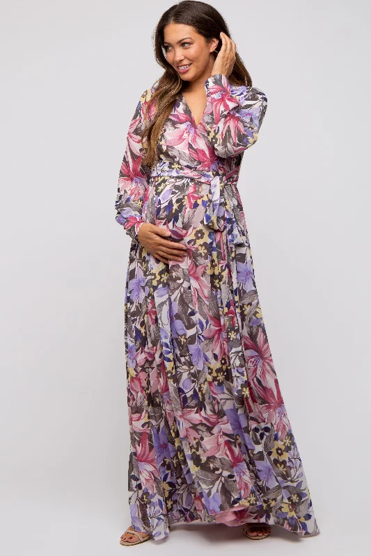 Women's floral dress past flair -Mauve Floral Chiffon Wrap Front V-Neck Long Sleeve Maternity Maxi Dress