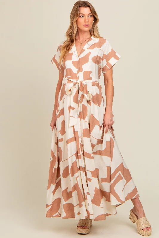 Women's floral dress crew flair -Taupe Printed Sash Tie Button Down Maternity Maxi Dress