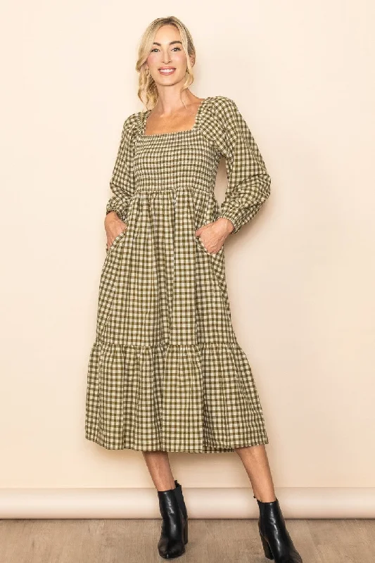 Women's midi dress arc chic -Olive Gingham Long Sleeve Midi Dress