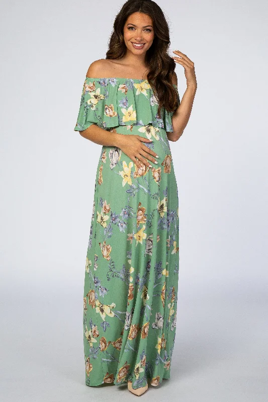 Women's floral dress green pop -Sage Floral Off Shoulder Maternity Maxi Dress