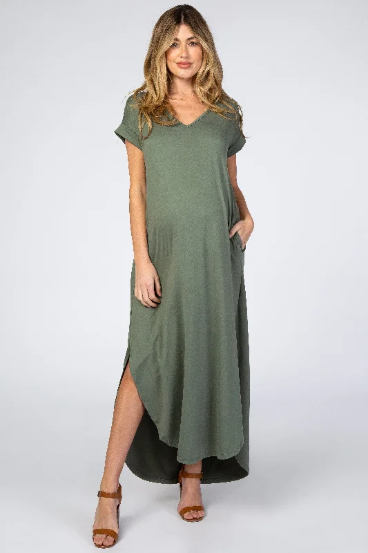 Women's floral dress morn glow -Olive Side Slit Maternity Maxi Dress