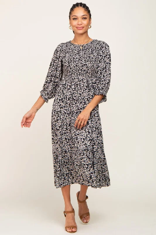 Women's midi dress mid pop -Black Floral Smocked 3/4 Sleeve Midi Dress