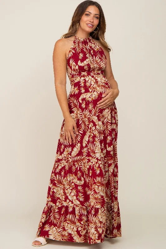 Women's floral dress veil glow -Burgundy Palm Open Back Halter Tiered Maternity Maxi Dress