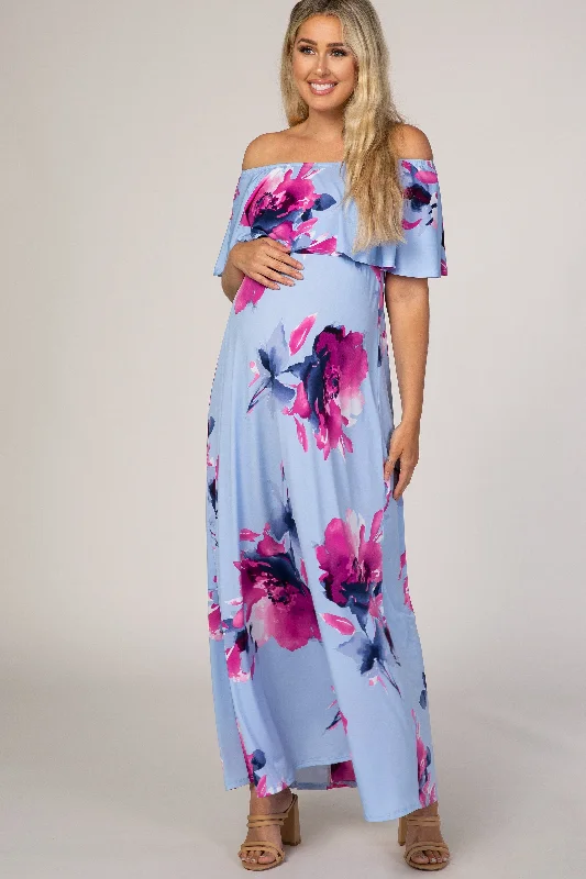 Women's floral dress roar pop -Light Blue Floral Off Shoulder Maternity Maxi Dress