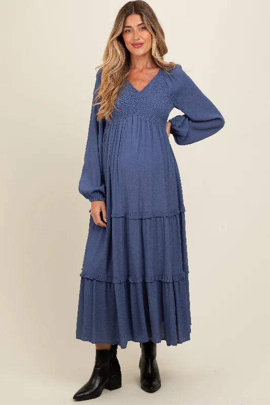 Women's midi dress steel pop -Blue Smocked Tiered Maternity Midi Dress