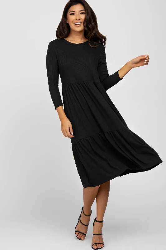 Women's midi dress joy flair -Black Tiered Ribbed 3/4 Sleeve Midi Dress