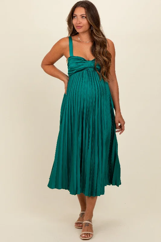 Women's midi dress bead flair -Teal Satin Pleated Sweetheart Maternity Midi Dress